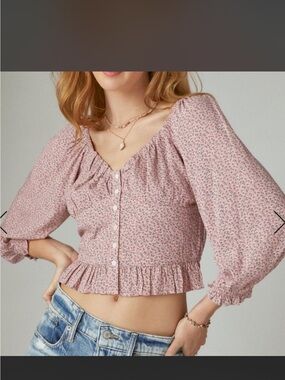 Lucky Brand Pink Floral Peasant Crop Top with Ruffle Hem